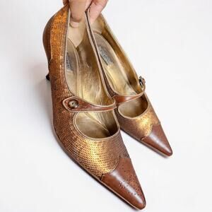 Prada Sequin Leather Mary Jane Heels Brown Gold Size 37.5 US 7.5